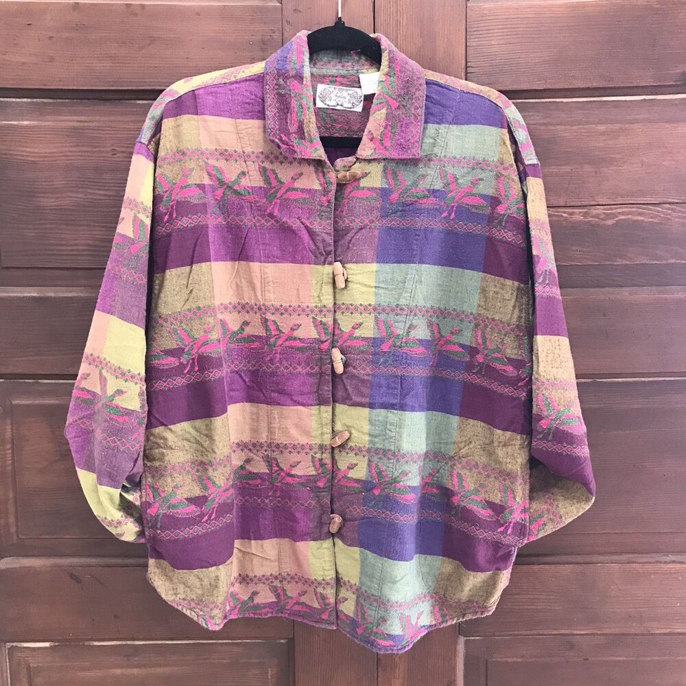 Colorful Patterned Button Down Blouse With Geometric Plaid And Bird Motif Size M